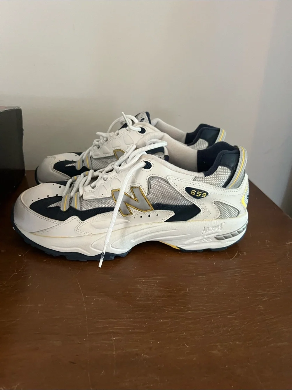 New Balance White Navy Athletic Sneakers with Yellow Accents